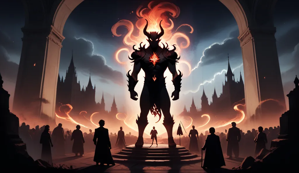 The background is dark and dark, with an infernal landscape full of flames, smoke and demonic shadows.  On the right side , an imposing shining golden silhouette of one of the princes of hell, highlighting his power and presence in a superhuman way. The go...