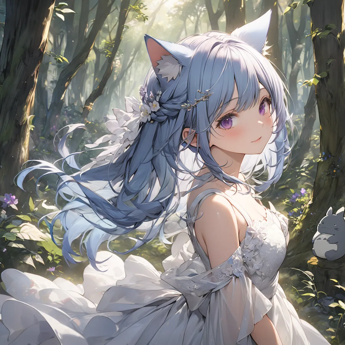   1 girl,  Cat ears,   top quality  ,  masterpiece,   very detailed,   textured skin ,    very detailed  、 purple eyes,    blue hair/  light blue hair with Totoro,   fantasy  、 Hayao Miyazaki、トトロと一緒に、 in the woods、 romantic、 high detail, dress