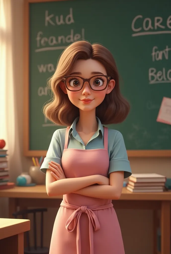 A teacher with brown lenses, medium wavy brown hair, wearing a pink apron