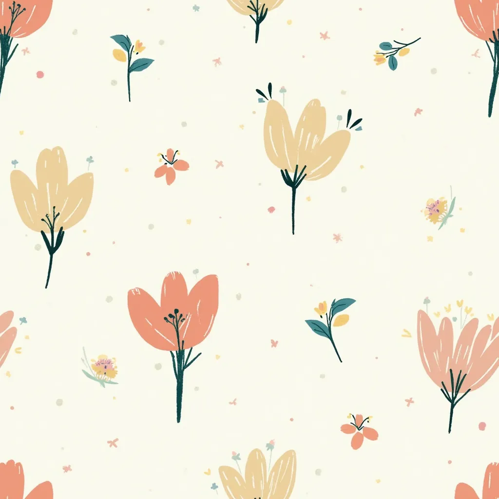 "A seamless floral pattern with hand-drawn flowers and leaves. The flowers are in soft pastel shades of coral, yellow, and mint green, with dark teal stems and accents. The background is light cream or off-white. The design has a whimsical, modern, and min...