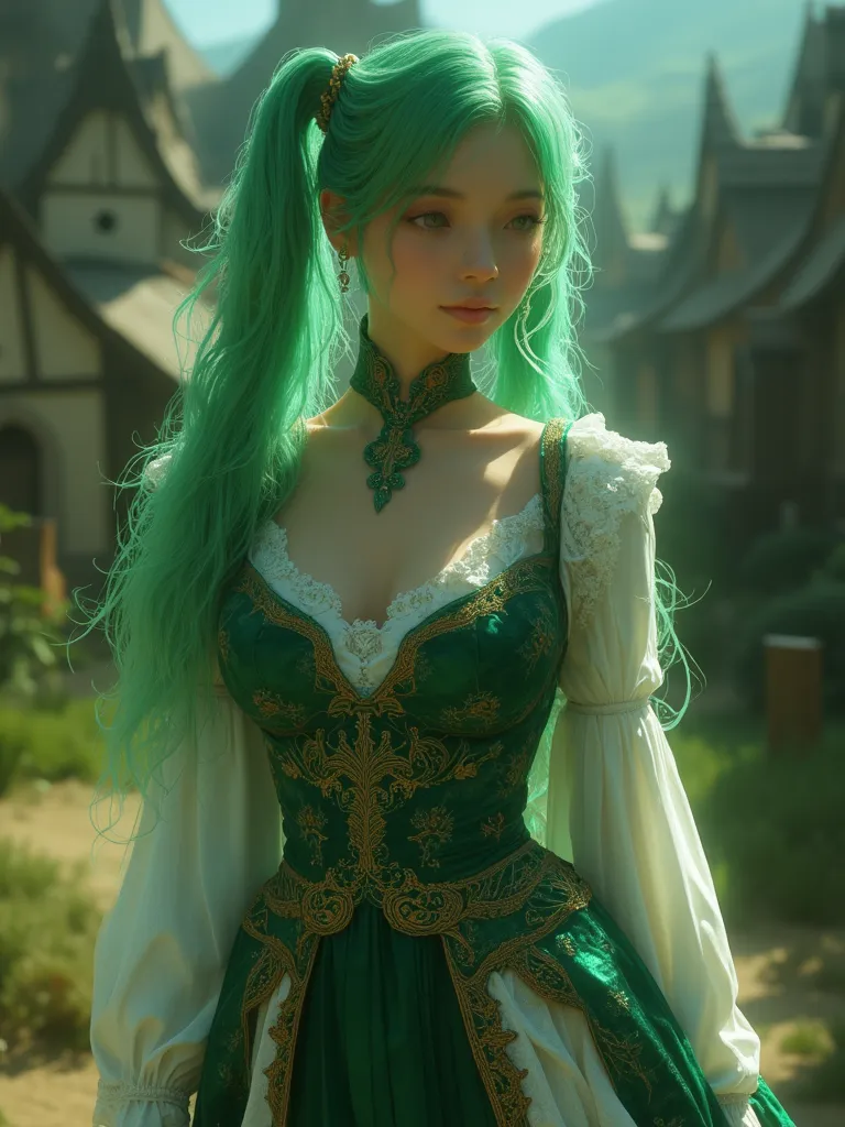 full body shot, woman, medieval clothes, attractive body, green twin tail hair, 8k, masterpiece, realistic fantasy, medieval houses background