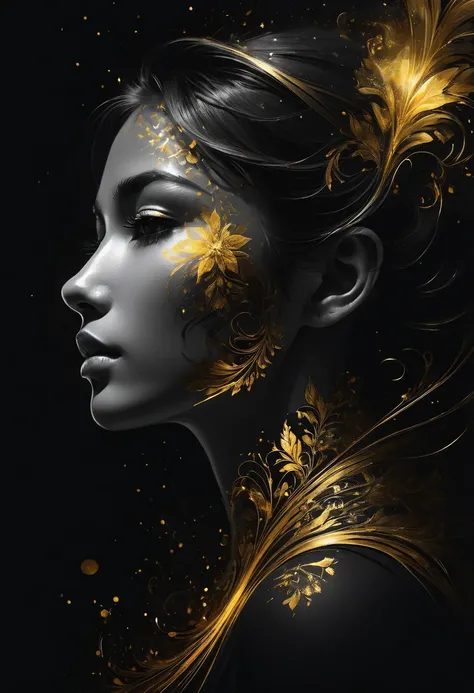 Close-up, Shadow Art, Beautiful Silhouette, Backlit Woman, Side View, White Outline Drawing on Dark Black Background, Shadows, Mysterious, Nikas Safronov Style, Henry Asensio, Studio Ghibli Genshin Impact
golden patterns, golden and black spirit, liquid go...