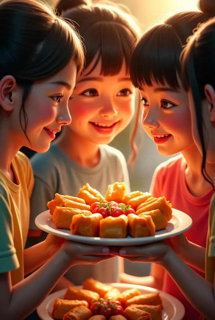 Several girls help each other hold the plate, have spring rolls in the plate.