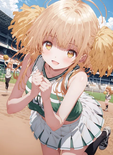 It's so dizzying, Mahiru Shiina, bungs, blonde hair, brown hair, yellow eyes,long hair,smile,blush,open your mouth,,(cheerleading), (full body), on chest, (semen), semen Wet Clothes, (white clothes),sleeveless, pleated skirt,black socks,sneakers,belly...