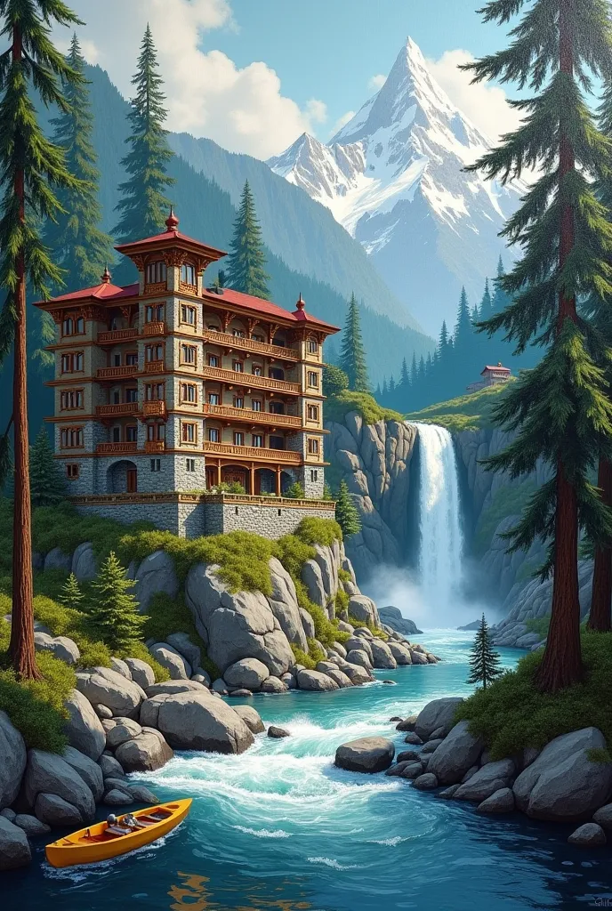  Handmade painting of alpine trees,white water river,a 4 story hotel  manali style made from stone and wood and carving on wood and balcony on rock ,kayak, waterfall