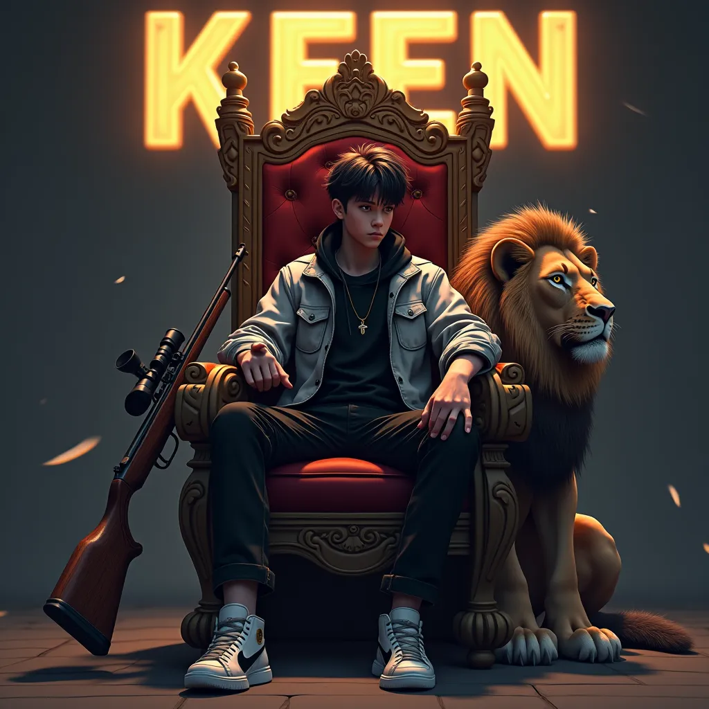 Create a  anime 3d illustration for a profile picture where a boy scary and fierce in a black white jacket sitting casually on a King of Beasts Throne chair. With a rifle on hand . And a ferocious Lion by my side. Wearing sneakers, she looks ahead. The bac...