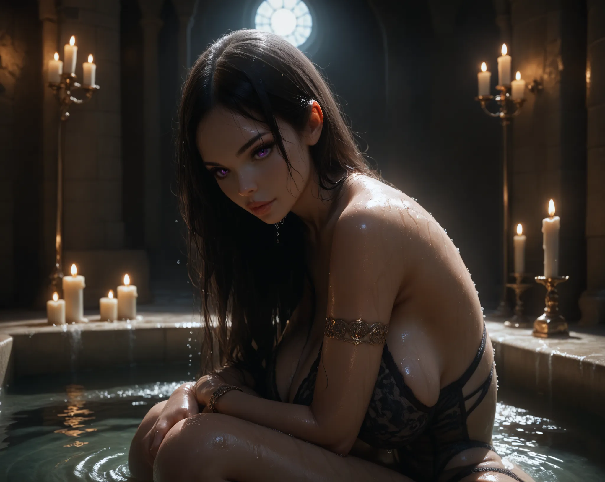 Attractive woman, huge breasts, Long black hair, purple eyes, Super Detailed, High Resolution, black lingerie, Jewelry, castle bathhouse, wet, kneeling in water, hands between legs, night, candlelight, close-up, looking at viewer