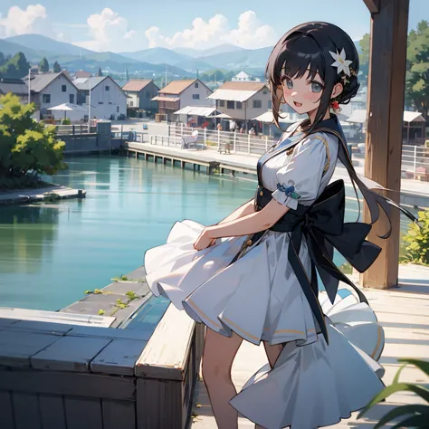 (extremely detailed CG,cute girl), [Upper body, Happy, Despair:0.6], (Idol, Idol outfit), Lakeside, Village, great view, summer, American comics