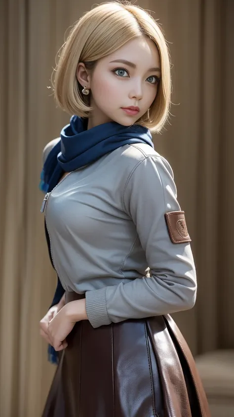 ((pull zip leather blouson:1.1))、((scarf、flare skirt))、blonde hair、short bob hair、 layer style、blue eyes、cute earring、bracelet、Medium breast、slender body、Leather shirt、greatest masterpiece:1.3、top quality、Raw photo quality、super detailed depiction power:1....