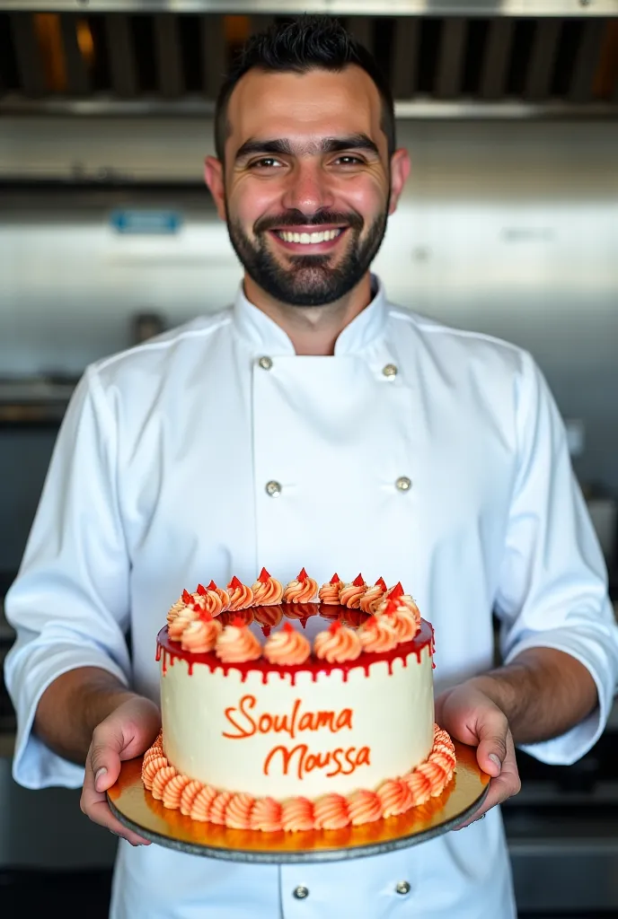 Photo a caractère tres réel,prise par un photographe d'un pâtissier arabe avec un gâteau d'anniversaire écrit Joyeux anniversaire avec le nom Soulama Moussa bien écrit