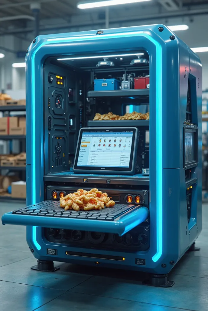 Make a large machine with a keyboard and a tablet and a little underneath an opening to take out the food because this machine creates food instantly it has to be a little blue and it has to look technological and futuristic 