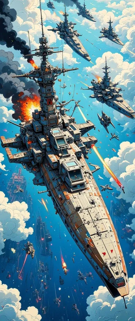 Flying Space Battleships,shape of a World War II warship,retro sophisticated design,Linear shape,main gun fired,cannon,bridge,Machine gun,fly in satellite orbit,Anti-gravity device,Escort fighter,Fleet Warfare ,hit,It&#39;s on fire,soot,blue sky,cloud