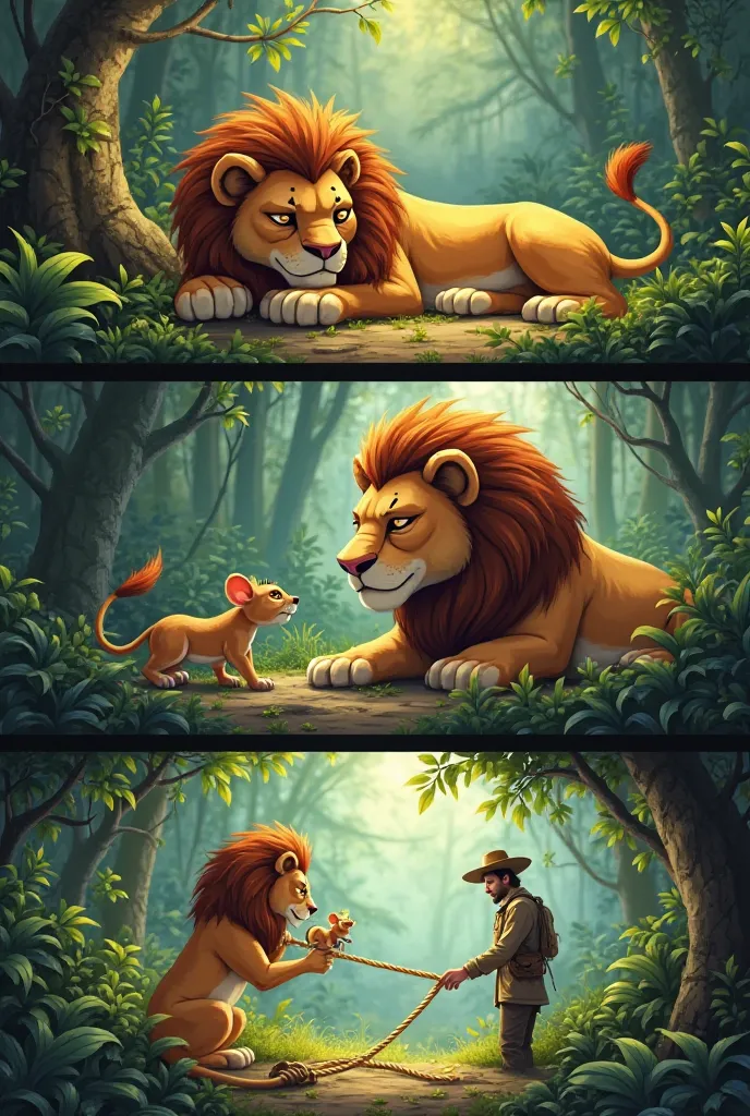 story:

1. Sleeping Lion and Playful Mouse
A majestic lion is sleeping peacefully in a dense jungle, with a small mouse playing in its thick mane. The jungle is lush and green, with sunlight filtering through the trees.

2. Angry Lion Capturing the Mouse
T...