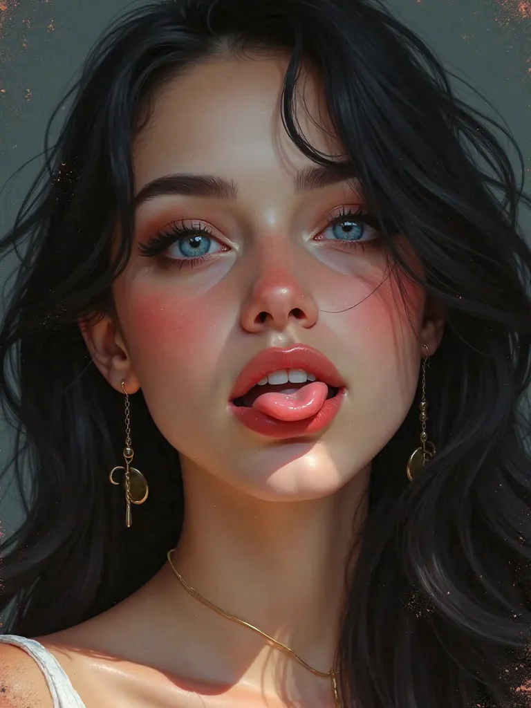 A woman with long hair,  smile, blush,  breasts, open-mouthed, blue eyes, black hair,  earrings, Frowns frowns, licking her lips, Multiple views, with glasses,  expressionism, 