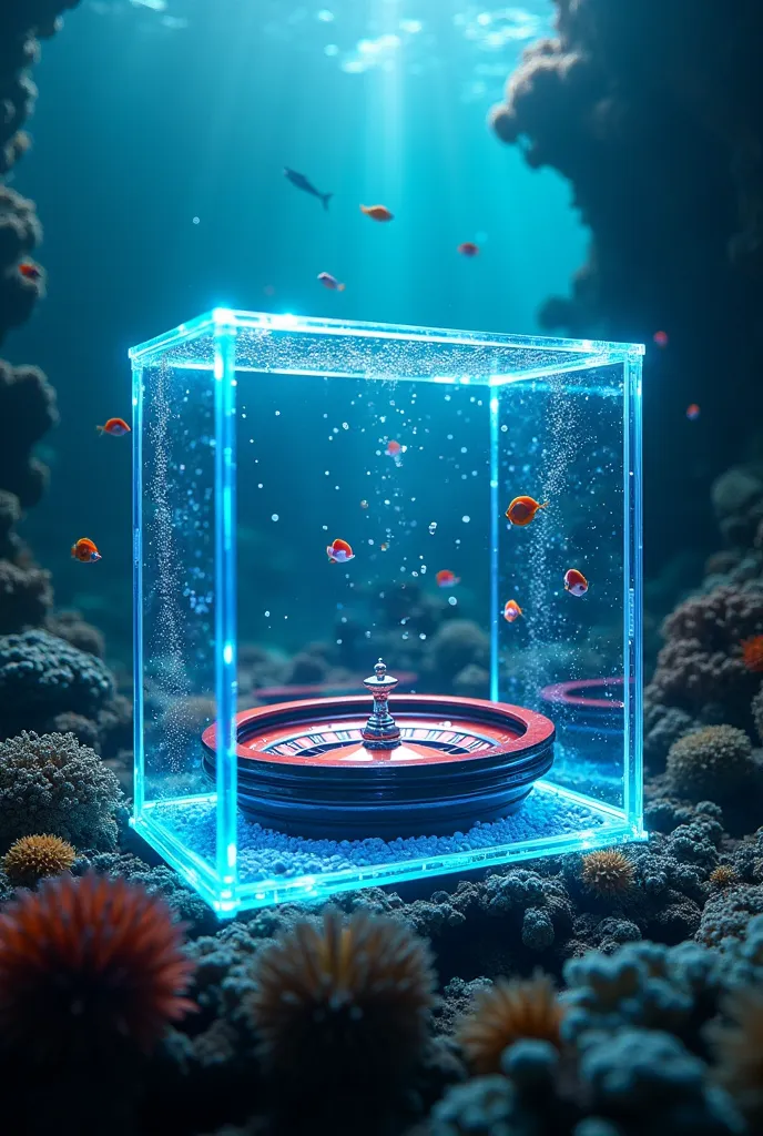 A transparent acrylic box underwater, glowing neon laptop streaming casino roulette, coral reef background, fish swimming around, bubbles, cyan lighting, cyberpunk style, intricate details, 8k, ultra-realistic  