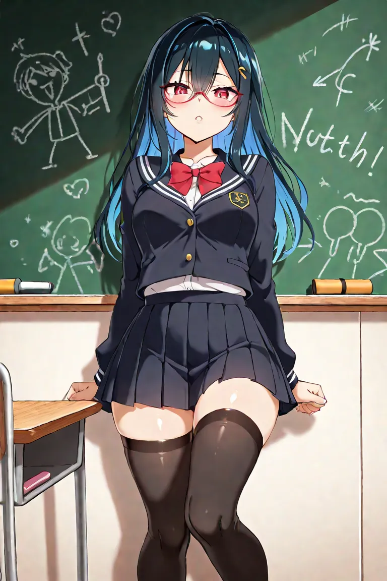 mischievious student, school uniform, pleated skirt, classroom, drawing naughty anime on the chalkboard, thighhigh stockings, high detail, dark theme, masterpiece