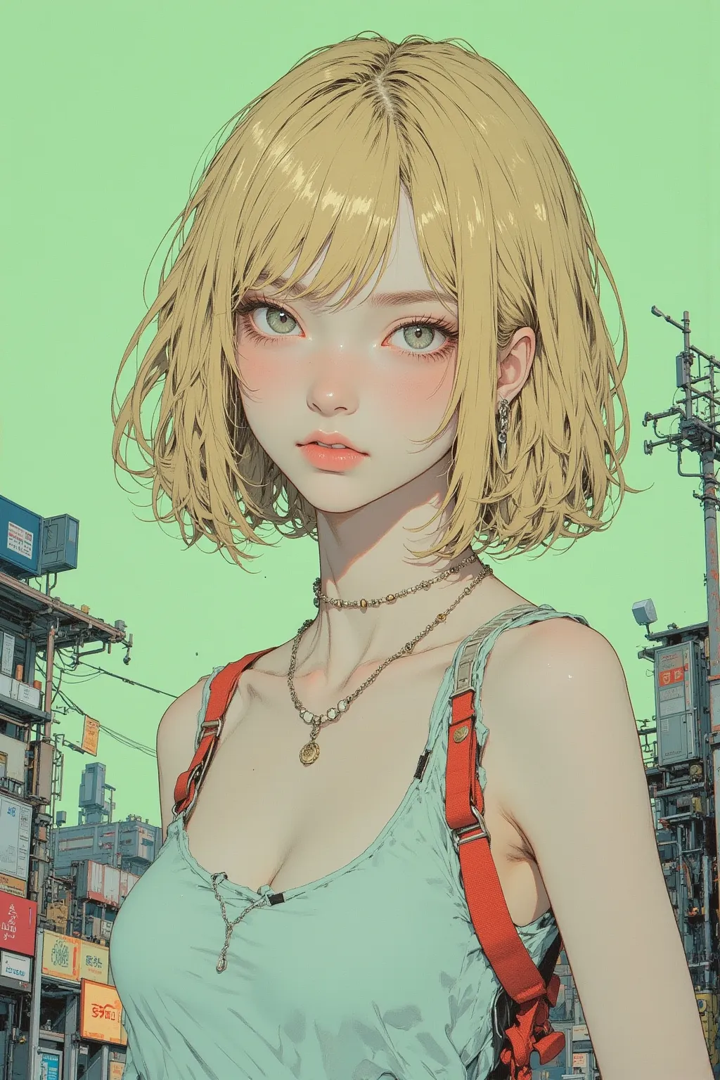  anime scene of a girl in a pale green background, CMYK palette,   Conrad Rosette and Makoto Shinkai Mix  ,   Iwakura Rain Closeup  ,   Lofi Girl  ,  Amazing TV Room   ,  anime style cityscape ,   anime still picture anime colored paper  , anime, mamoru ho...