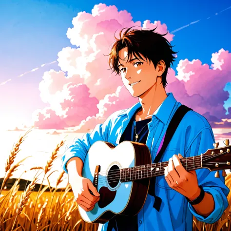 "A boy is playing an acoustic guitar in the middle of a golden wheat field. He has a soft smile and creates a calm atmosphere.. The sky is colored with purple and pink clouds,, The warm wind scatters his collar slightly. An illustration that emphasizes the...