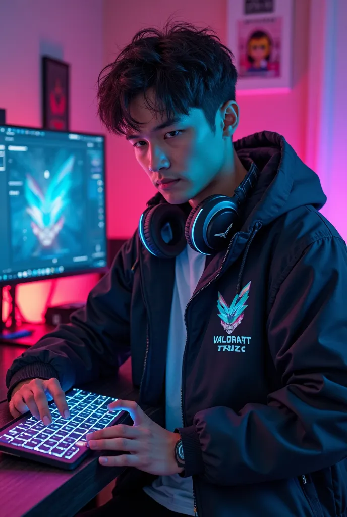 

"  Male character, inspired by Alex “Phoenix” Gomez ,  young Mexican university student, with a passion for graphic design and Valorant . keyboard You must be 22 years old , fair-skinned,  short hair and black ,  with gaming headphones around your neck ....