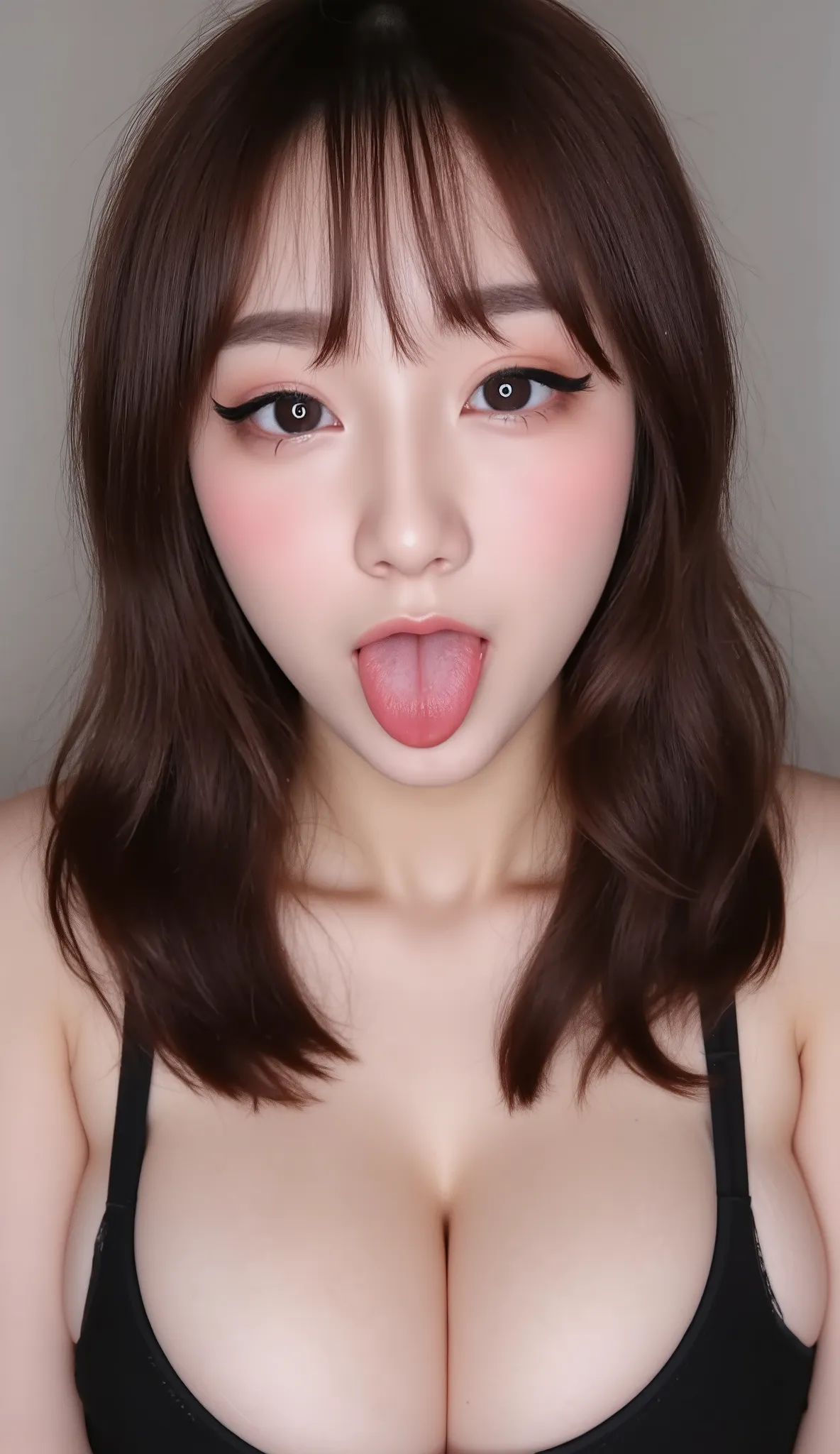 ((Best Quality, 8K, Masterpiece: 1.3)), beautiful Asian Korean e-girl streamer makeup, sports bra that emphasize perfect big cleavage, she cups her top gently squeezing them togethet to accentuate their voluptuous cleavage line, wide round-shaped cleavage ...