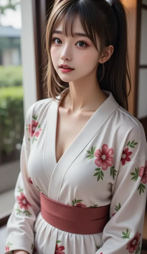 (masterpiece, best quality:1.4), beautiful face, 8k, 85 mm,  absurd, (Floral Yukata:1.4, Tight waist while masturbating in a yukata:1.2, Ecstatic face:1.4),  exposed chest , Biolacea, Gardenias,  Delicate Girl, Alone,  small nice ass、引き締まったウエスト、  night , v...