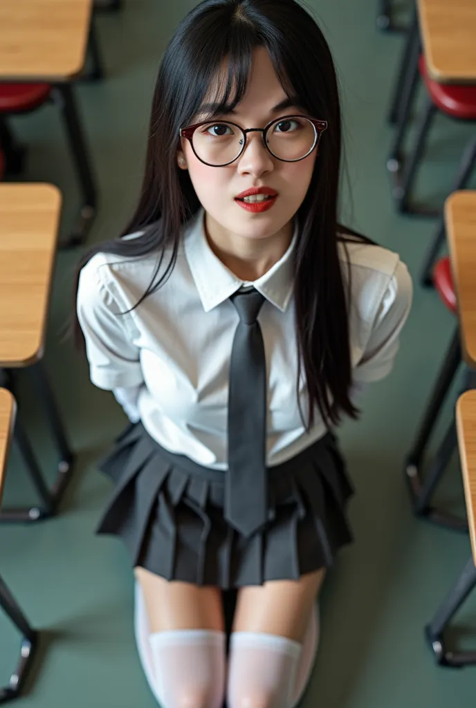 Realistic photo, beautiful lighting, from above of the “photographer’s own knees”. Between the knees is a slim pretty 1 girl, detailed face, open her mouth, panting face, nsfw, red lipstick, transparent glasses, kneeling and “looking up towards the camera”...