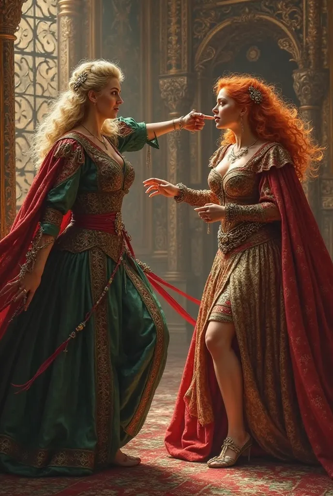 Mahidevran Sultana, the Sultan's chief lady, is hitting Hurrem, the Sultan's concubine (1520 Ottoman, Hurrem: Red haired, curvy body, Mahidevran: Blonde)