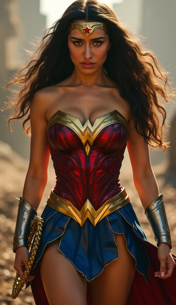 Bimbo Superhero wonder woman, warzone ((Epic cinematography, sexy fantasy, rough woman, angry looking, long hair and fierce expression in dynamic pose, dynamic lighting to emphasize her big busty boobs, cleavage show, fantastic war location)), Full-body 8k...