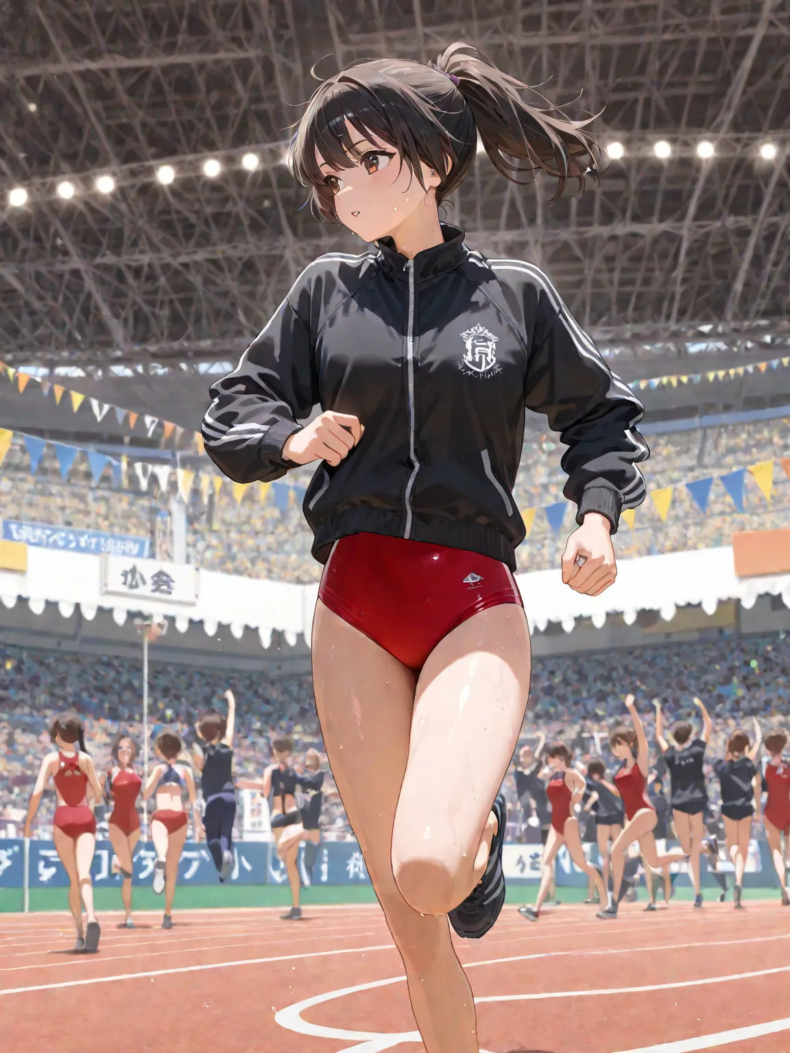 dark haired ponytail,black jersey jacket,Red Swimming Suit, is running on the right hand,Demon&#39;s Appearance,Sports Festival,Event Hall,crowd