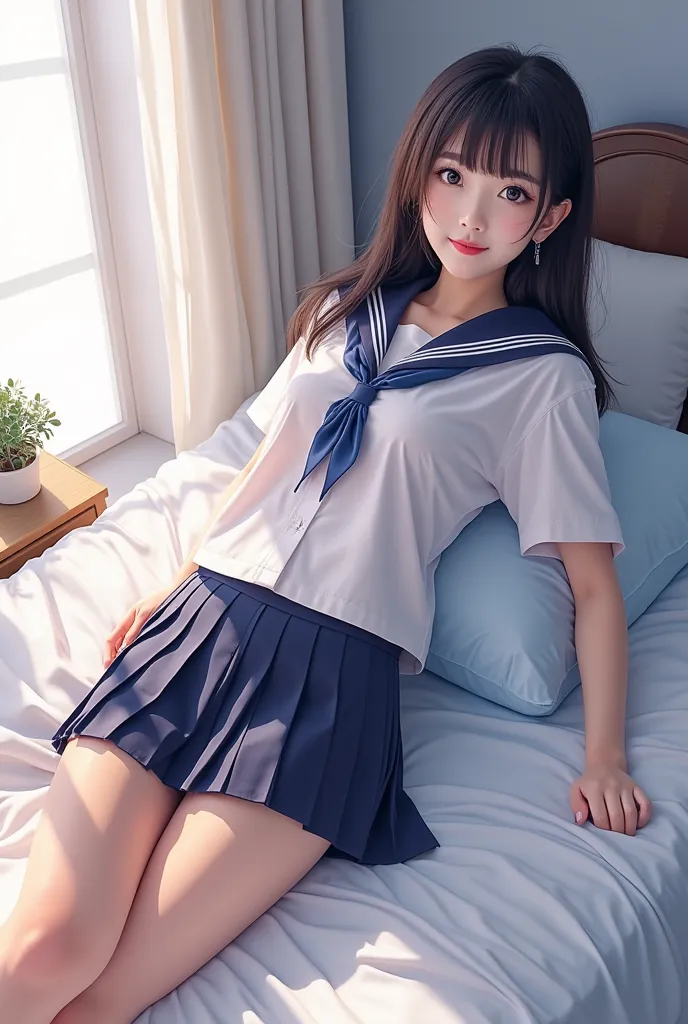 top quality、masterpiece、 vibes、8k、1 person、cute girls、big breasts、Firm thighs、 school uniform、straight hair、Pleated Miniskirt、I'm lying on the bed with my legs raised