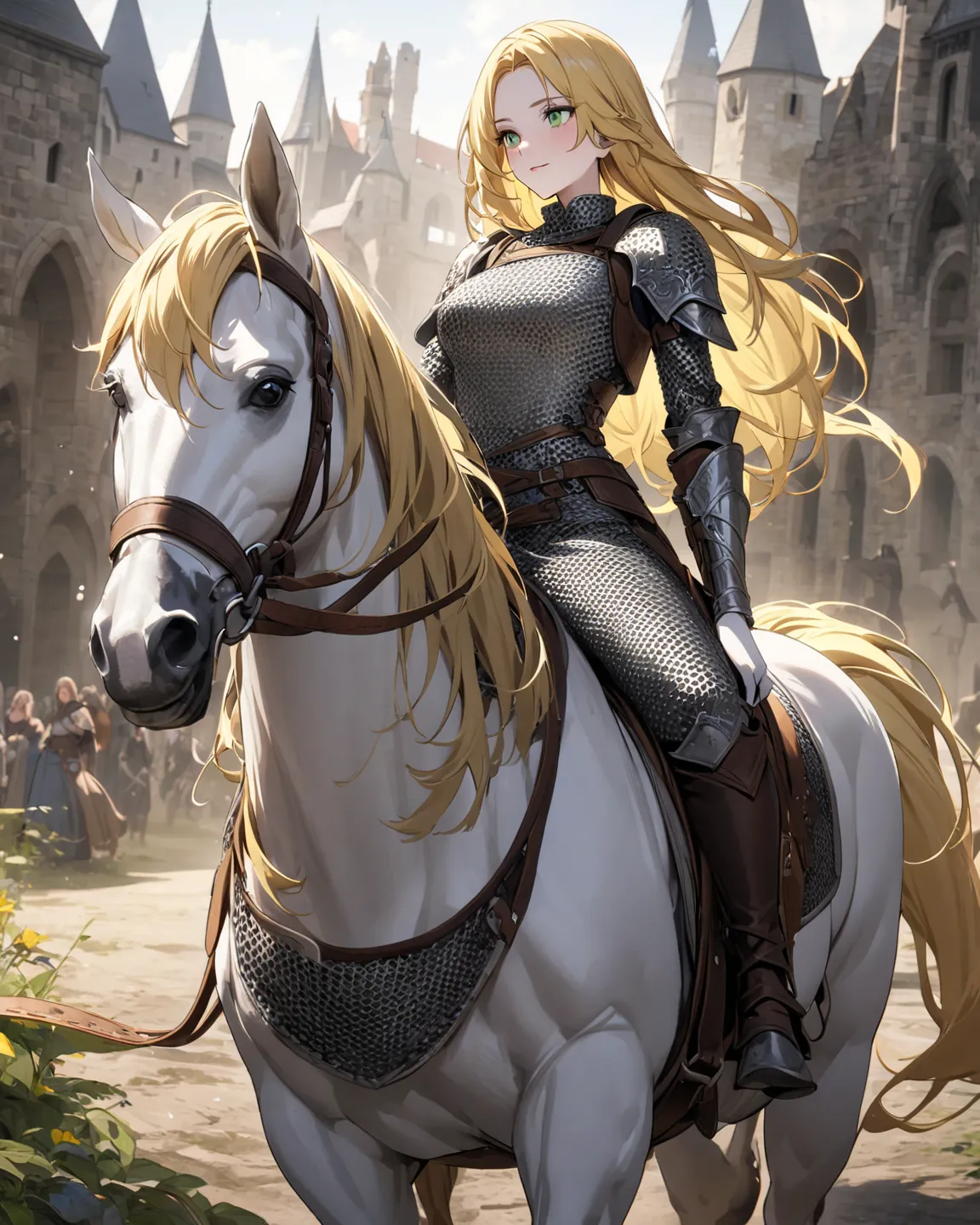 the human young girl, 1.65 meters tall, slim body, medium breasts, long yellow hair, green eyes, white skin, beautiful face. Wearing the multi layers full body armour with chainmail, leather armour, plate armour. Ride on the horse. Medieval fantasy world, ...