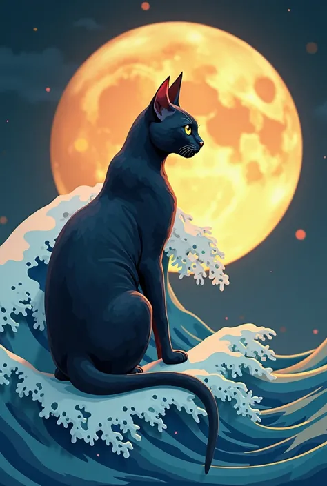 a close up of a cat sitting on a wave with a full moon in the background, stylized digital illustration, in style of digital illustration, full color digital illustration, layered paper art, digital matte black paper art, paper cut art, stylized digital ar...