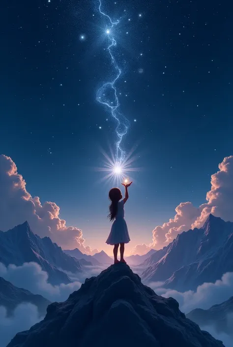 A young girl standing on a mountaintop, holding a small star in her hands. She releases the star into the night sky, and it soars upwards, joining the other stars.