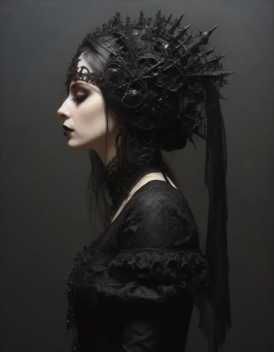 sideview,James Gurney, Surrealist art , dream-like, mysterious, Provocative, symbolic, Complex, detailed,, (Gothic but very beautiful:1.4), (masterpiece, Highest quality:1.4) , Nicola Samori Style, Metal Iron Queen 