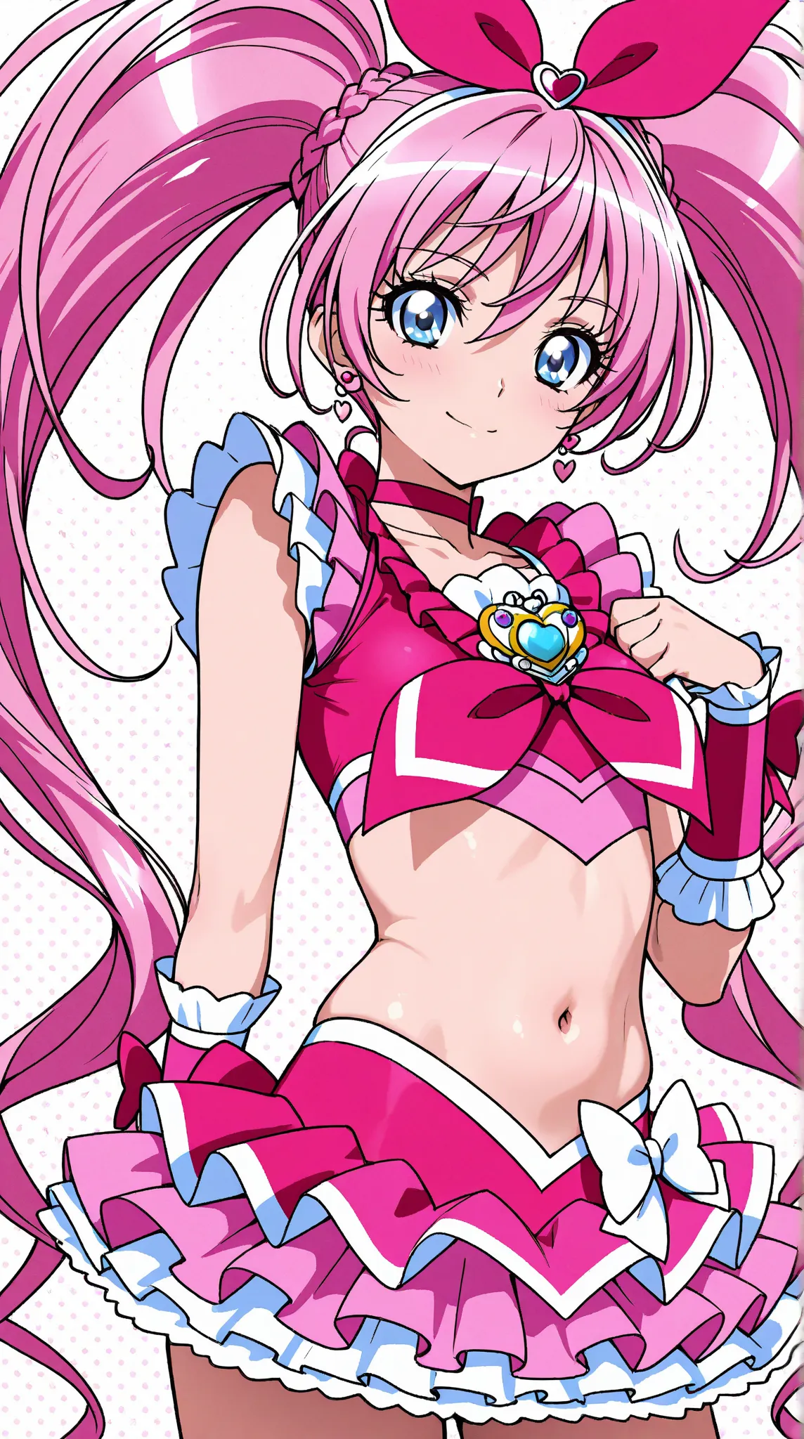 Cure Melody, belly button,  pink hair ribbon:1.2, headband,Twin Tails,(cowboy shooting:1.5),masterpiece、top quality、uncorrected、