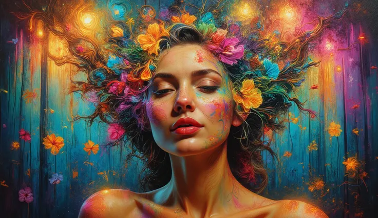 A woman's face with a tender, enigmatic smile, her hair morphing into a lush tapestry of wildflowers that undulate in harmony with the curves of F(x) = x⁴ sin(x) + cos(x³) sin(x²), as if the very fabric of reality has been woven into a whi...