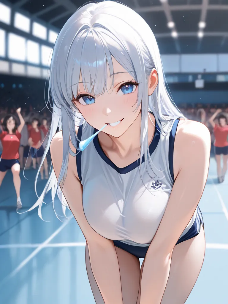 masterpiece, High Resolution, anatomically correct, blurry background、 Games、tall beauty、two different beautiful girls、 gym clothes、navy blue bluma、beautiful face、A beautiful mouth、 beautiful body、Beautiful breasts、cool legs、slender arms、sexy, above knee s...