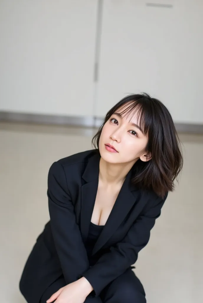 (NSFW),1 female,Beauty,(Riho Yoshioka 2015 FLUX.1 D),Beautiful face,smile,Crouching and watching the viewer,Office Lady,In a black business suit,A dignified appearance,Perfect Style,Take off your jacket,Cleavage,focus on the chest,(squatting down:1.2),(ope...