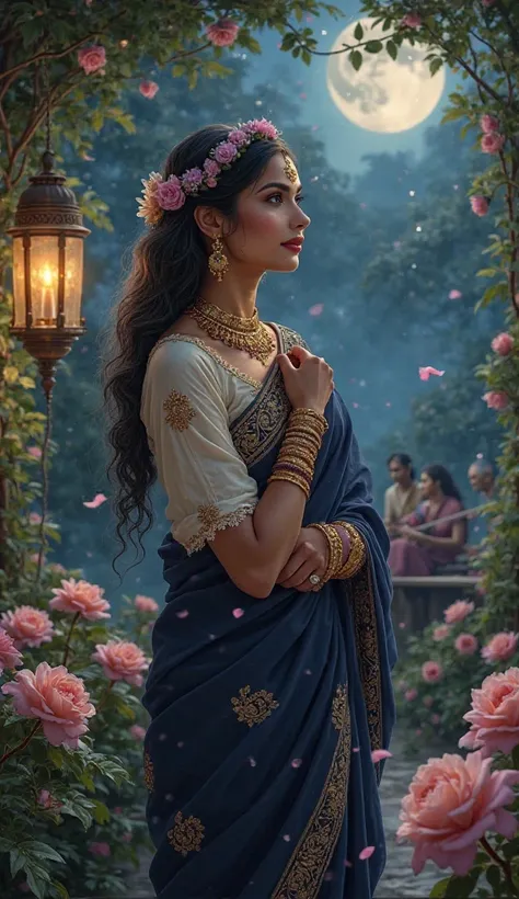 mesmerizing, ultra-realistic digital painting of Radha standing in a moonlit garden, surrounded by blooming roses and lush greenery. She wears an elegant deep navy blue saree with intricate golden embroidery, draped gracefully over her shoulder. Her blouse...