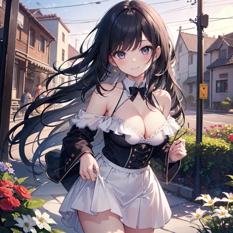 Ribbon in hair, Gentle expression, Floral decoration, 満面のsmile, spin,  dance, キュートなsmile, 
 dress, blue shirt, Cleavage Emphasis, Exposed Shoulders, white miniskirt for game CG2020,  skirt lifted and , 
Flowering garden, Outdoors, middle ages, village, Sun...