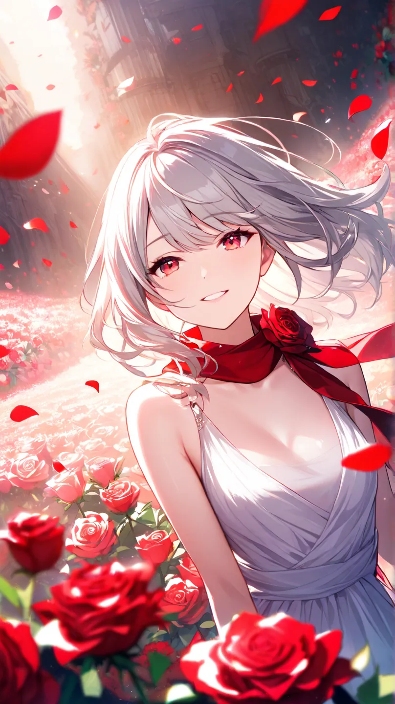  panorama, perspective, allows depth of field,  Bust, upper body,  cinematic angle ,  masterpiece, top quality, Super Detail, CG,  wallpaper, beautiful face, watch, Alone, smile,  Silver Hair, Scarlet Eyes, white skin, hair, red scarf with black nose, whit...