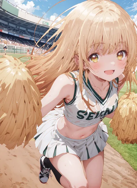 It's so dizzying, Mahiru Shiina, bungs, blonde hair, brown hair, yellow eyes,long hair,smile,blush,open your mouth,,(cheerleading), (full body), on chest, (semen), semen Wet Clothes, (white clothes),sleeveless, pleated skirt,black socks,sneakers,belly...
