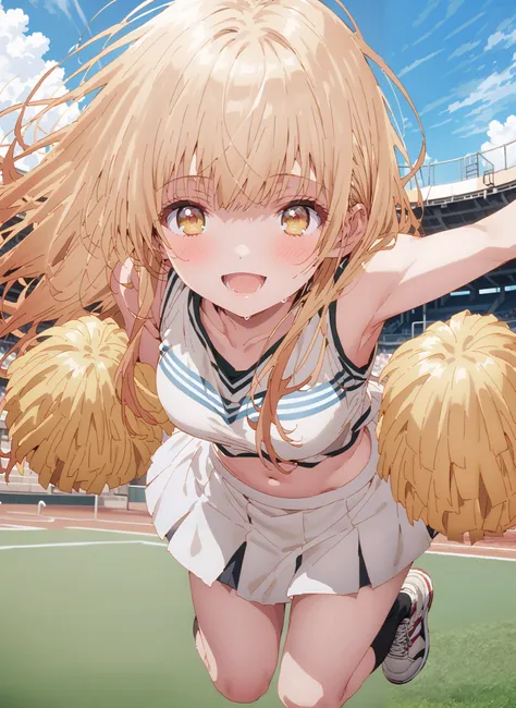 It's so dizzying, Mahiru Shiina, bungs, blonde hair, brown hair, yellow eyes,long hair,smile,blush,open your mouth,,(cheerleading), (full body), on chest, (semen), semen Wet Clothes, (white clothes),sleeveless, pleated skirt,black socks,sneakers,belly...