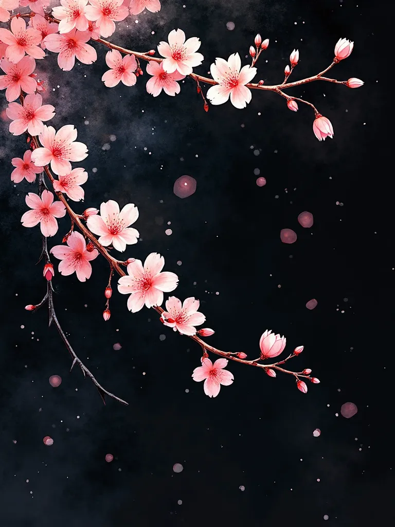 black background、cherry blossoms、watercolor anime style illustration