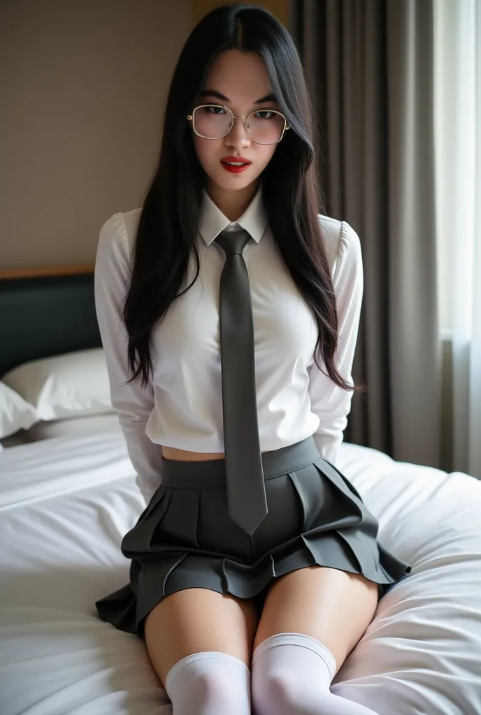 Realistic photo, beautiful lighting, sexy body, pretty 1 girl, detailed face, open her mouth, panting face, nsfw, red lipstick, transparent glasses, kneeling and “looking camera”. She has beautiful long straight black hair, huge boobs, sexy body, show full...