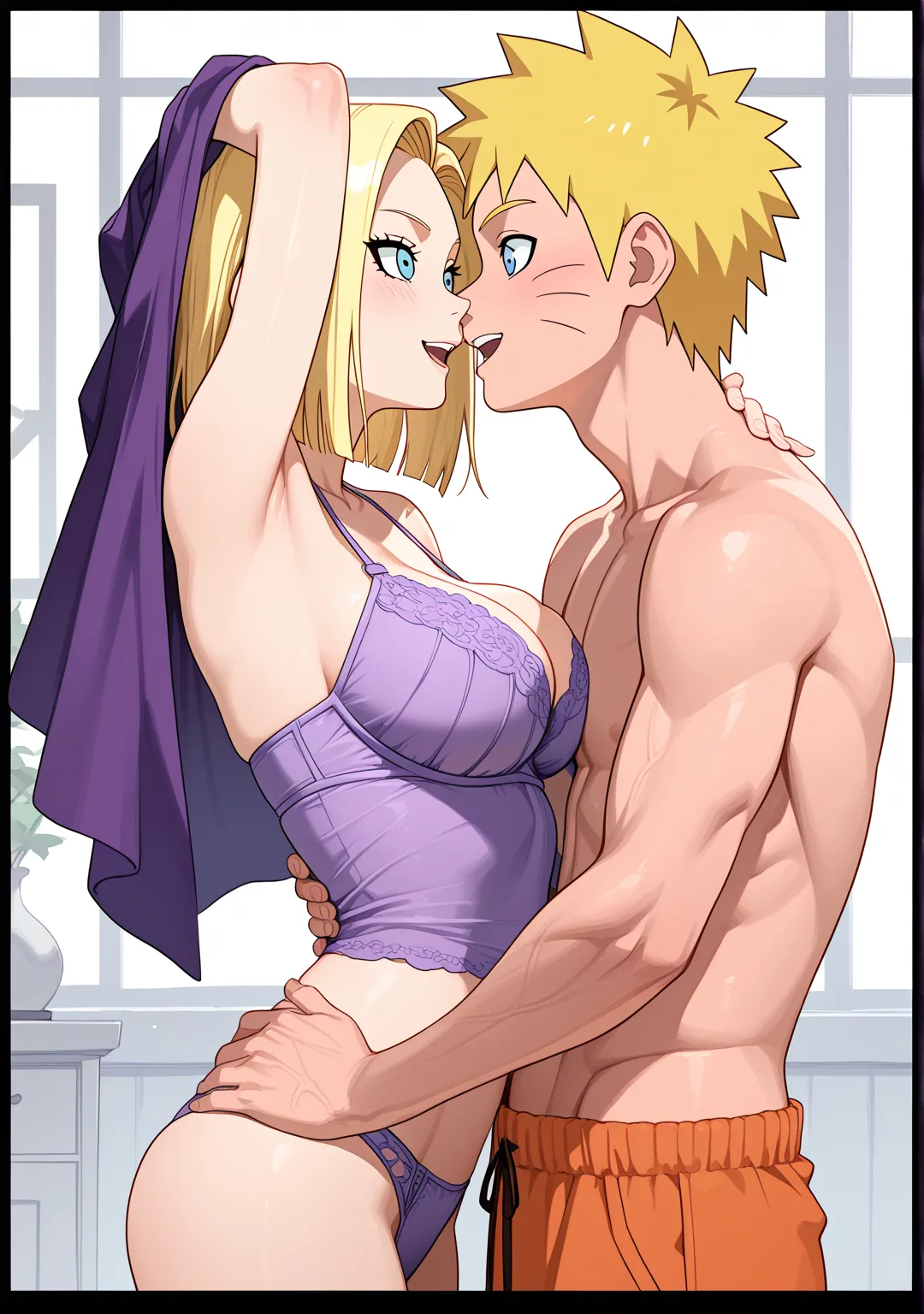 Masterpiece, 8k quality, extremely detailed, 1girl, uzumaki_naruto, blonde_hair, 1boy, blonde_hair, smile, Android_18, cleavage, large_breast, hetero, open_mouth, whisker_markings, couple, facial_mark, barefoot, standing_pose, indoors, purple_top, raised_a...