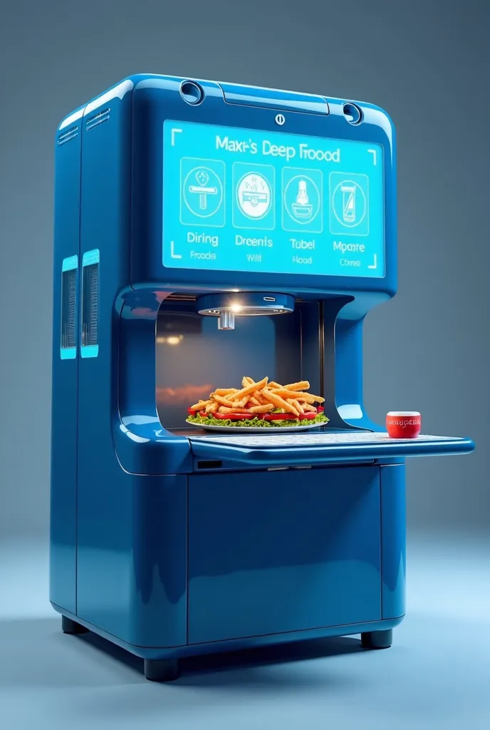 Create a large machine , It has to have a small tablet and under its keyboard above everything x where you choose the food you want, and below a small opening q is x where the food comes out since it is a machine that makes the food you want instantly, It ...