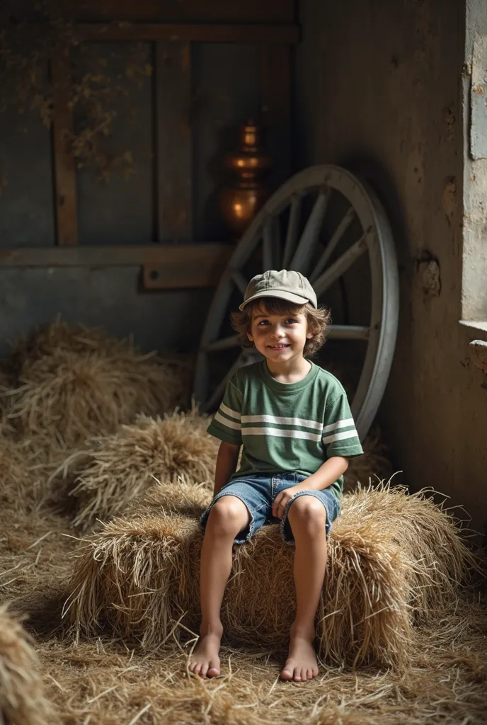 Ultra realistic photo, produced by a professional with a high-quality camera. Country young brunette boy a boy ten years old, playing with dog, short hair, in old short denim with fade frayed hem, t-shirt with two wide stripes in Green and white, Cap, bare...