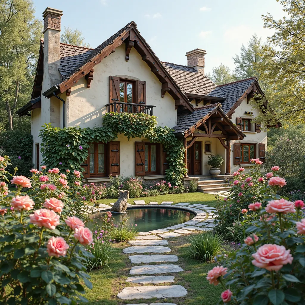  Country house , hybrid 
Partially framed, partly in Provence A and Oriental finishing styles
In front of the house is a small garden with blooming roses, artificial pond