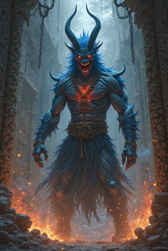 4. Introduction to Jin

Description:

giant jinn, red eyes, blue fur, black tattoos on the chest

Large pointed teeth, the magic necklace in the hands that is a source of strength

Surrounded by smoke and fire, terrifying laughter

lateral: The inner hall ...